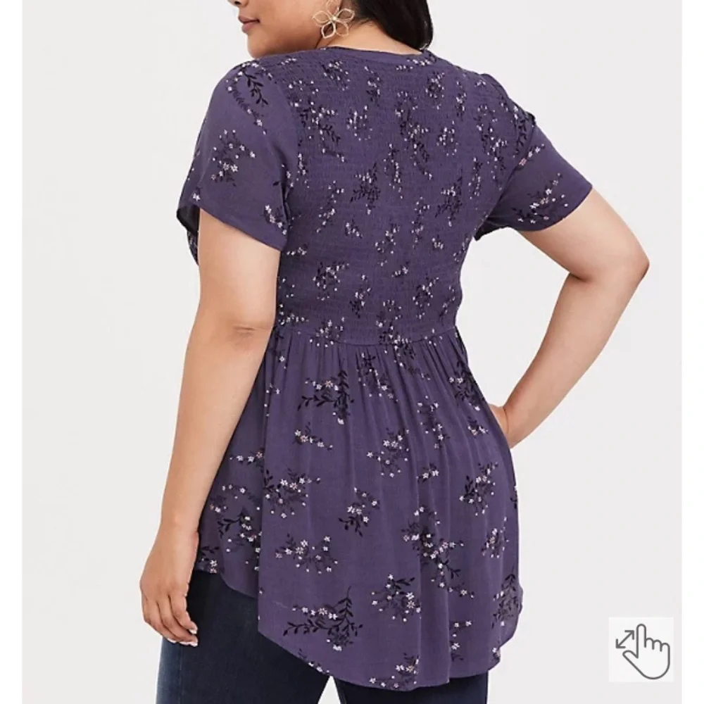 TORRID BABYDOLL GAUZE SMOCKED BUTTON-FRONT TOP Size 2 Plus Size Purple - Picture 2 of 13
